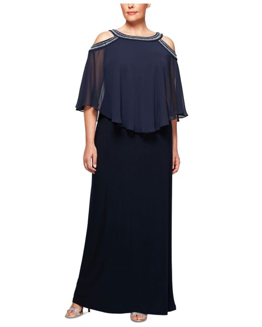 Alex Evenings Plus Beaded Cold-Shoulder Overlay Gown