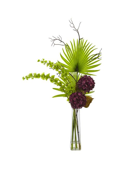 Nearly Natural Hydrangea Bells Of Ireland and Palm Frond Arrangement in Glass Vase