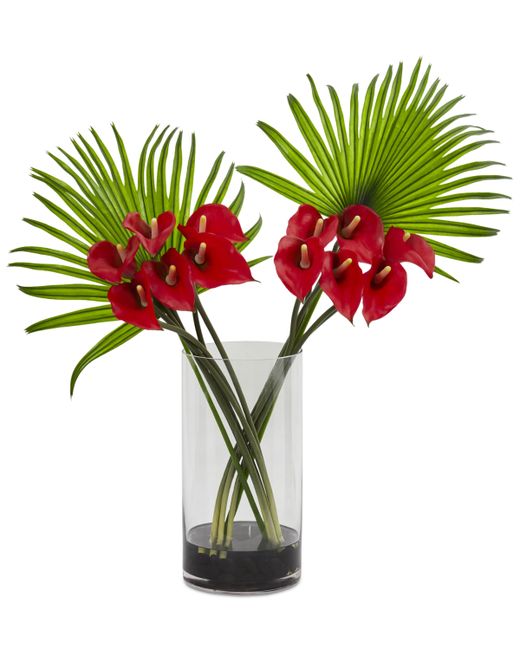 Nearly Natural Calla Lily and Fan Palm Artificial Arrangement in Cylinder Glass Vase