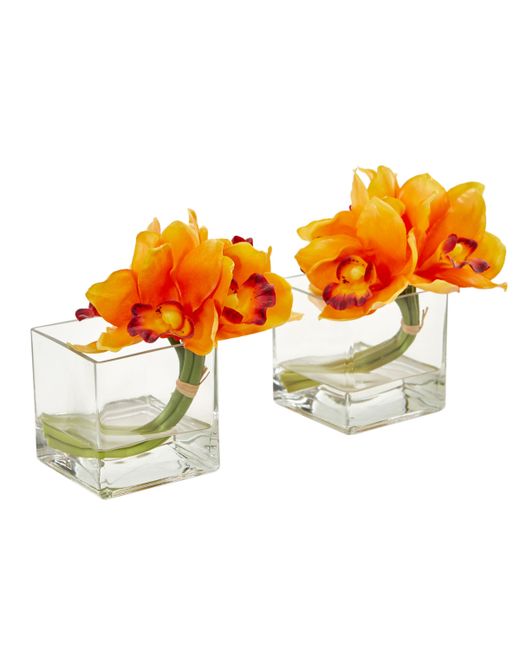 Nearly Natural Cymbidium Orchid Artificial Arrangement in Glass Vase Set of 2