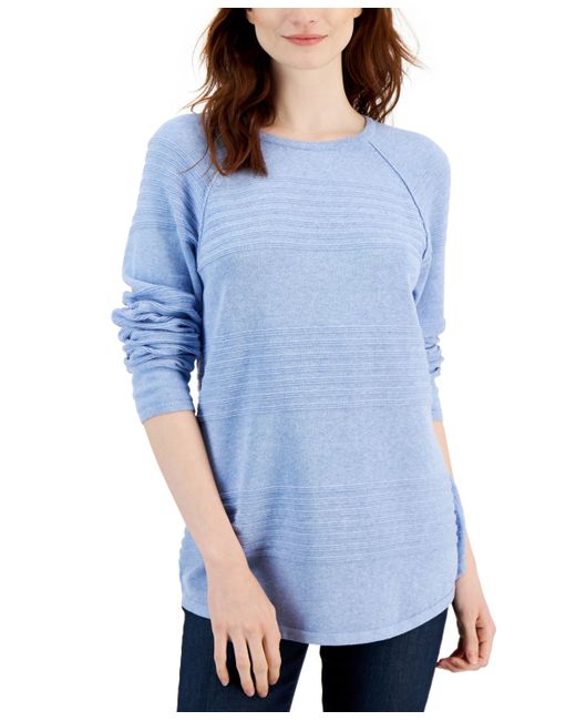 Karen Scott Cotton Textured-Stripe Raglan-Sleeve Sweater Created for