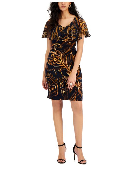 Connected Printed Cape-Overlay V-Neck Dress