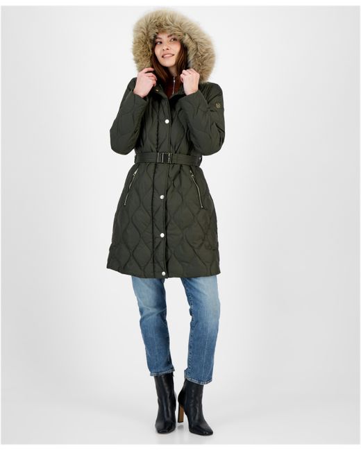 Michael Kors Michael Quilted Faux-Fur-Trim Hooded Puffer Coat