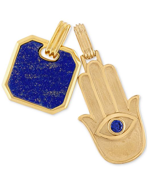 Esquire Men's Jewelry 2-Pc. Set Lapis Lazuli Cubic Zirconia Dog Tag Hamsa Hand Amulet Pendants in 14k Gold-Plated Sterling Created for