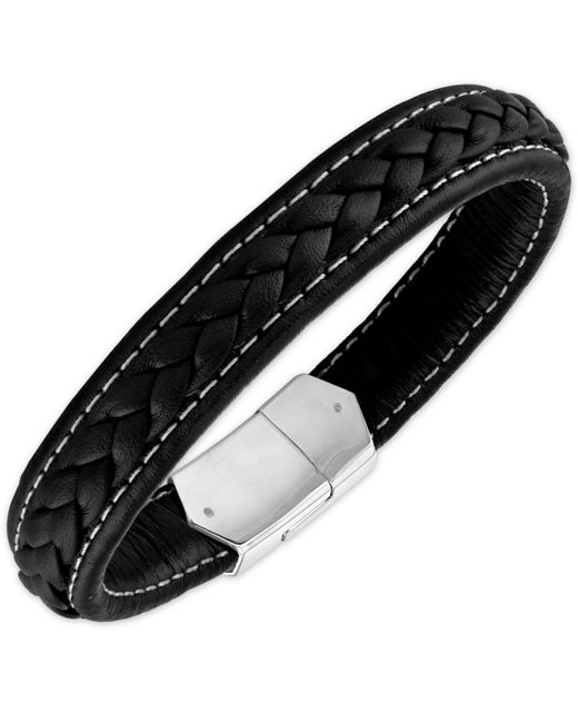 Esquire Men's Jewelry Woven Leather Bracelet in Sterling Silver Created for