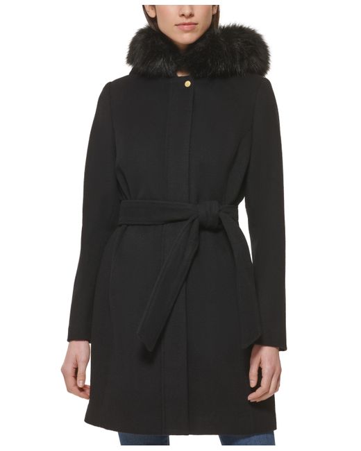 Cole Haan Belted Faux-Fur-Trim Hooded Coat