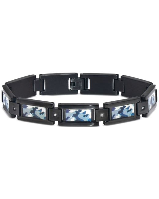 Macy's Diamond Accent Camo Carbon Fiber Link Bracelet in Ion-Plated Stainless Steel