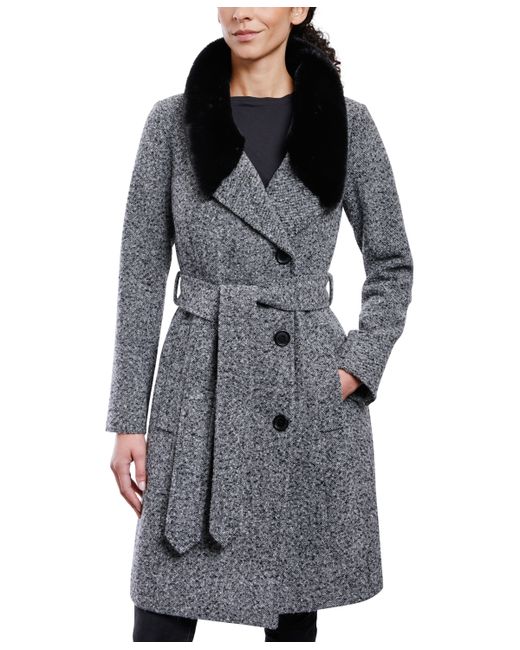 AK Anne Klein Belted Faux-Fur-Trim Wrap Coat