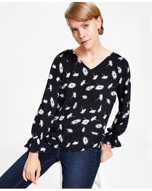 Bar III Floral V-Neck Long-Sleeve Top Created for
