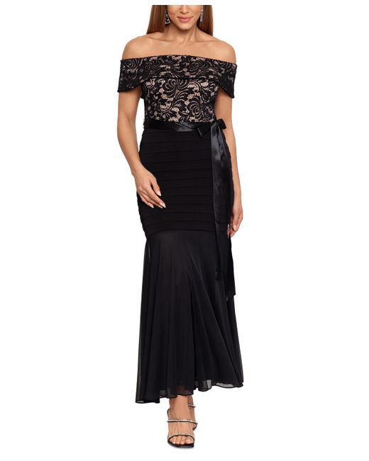 Betsy & Adam Petite Lace-Top Off-The-Shoulder Gown