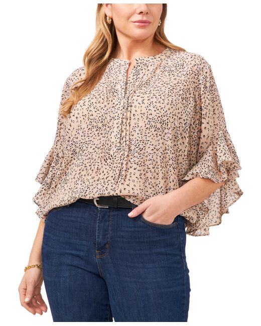 Vince Camuto Plus Cheetah Print Flutter-Sleeve Pintucked Henley Blouse