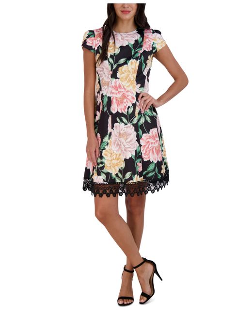 Donna Ricco Lace-Hem Floral-Print Sheath Dress