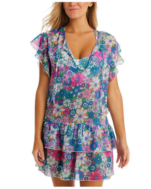 Jessica Simpson Printed Crazy Daisy Tiered Flutter-Sleeve Tie-Neck Swim Cover-Up Swimsuit