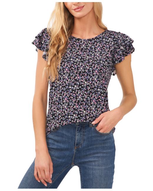 Cece Floral-Print Double-Ruffle Sleeve Top