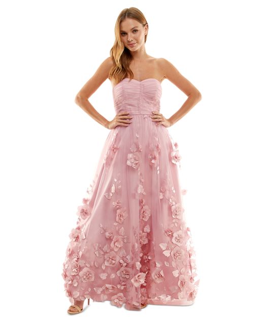 Bcx Juniors 3D Floral Ruched Strapless Gown Created for
