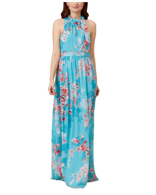Adrianna Papell Tie-Neck Floral-Print Sleeveless Gown