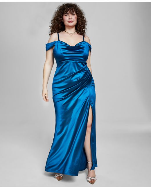B Darlin Trendy Plus Off-The-Shoulder Satin Gown