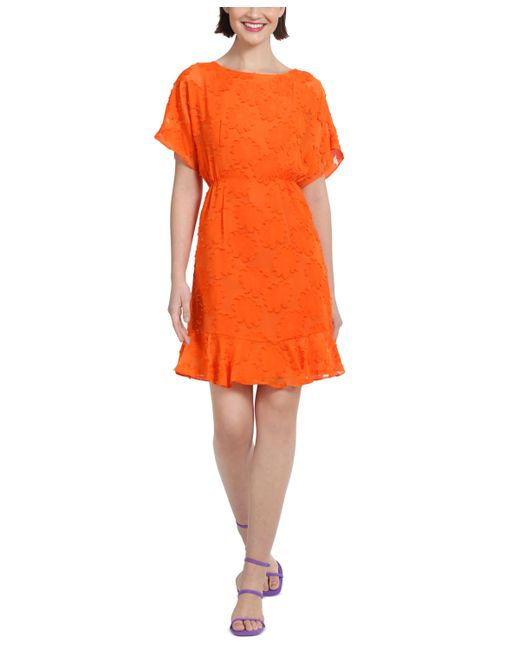 Donna Morgan Jewel-Neck Ruffle-Sleeve Burnout Dress
