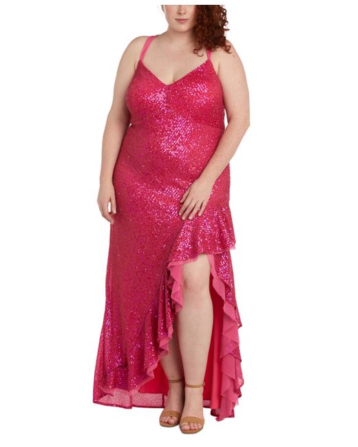 Morgan & Company Trendy Plus Sequin Ruffled High-Low Gown
