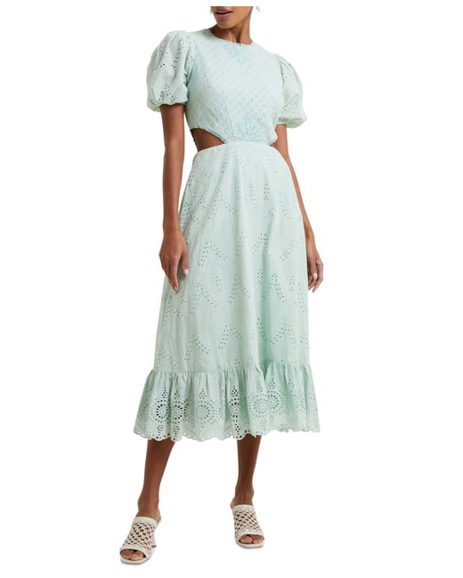 French Connection Esse Eyelet Cutout Puff-Sleeve Cotton Midi Dress