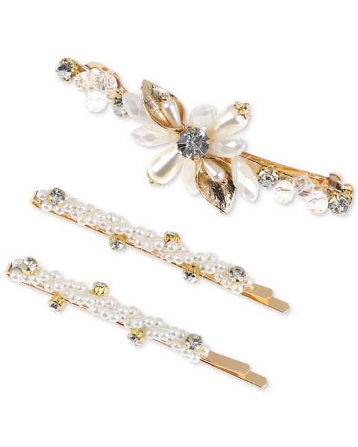 INC International Concepts 3-Pc. Tone Crystal Imitation Pearl Flower Hair Barrette Bobby Pin Set Created for