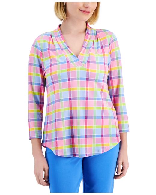 Charter Club Petite Willow Plaid Knit V-Neck 3/4-Sleeve Top Created for