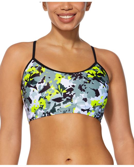 Reebok Printed Contrast-Trim Bralette Bikini Top Swimsuit