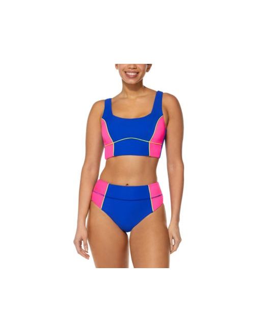 Reebok Colorblocked Long Line Bralette Swim Top High Waist Bikini Bottoms Swimsuit
