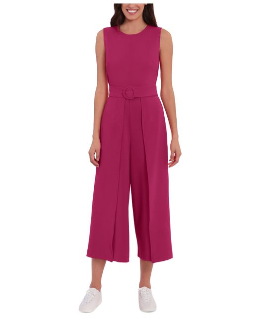 London Times Jewel Neck Belted Cropped Jumpsuit