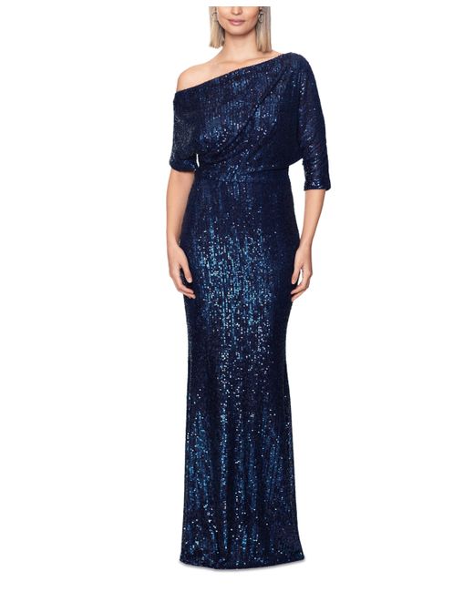 Betsy & Adam Sequined One-Shoulder Gown
