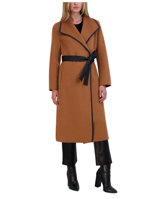 T Tahari Faux-Leather-Trim Belted Wrap Coat