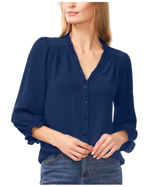 Cece Ruffled Button-Front Elbow Sleeve Blouse