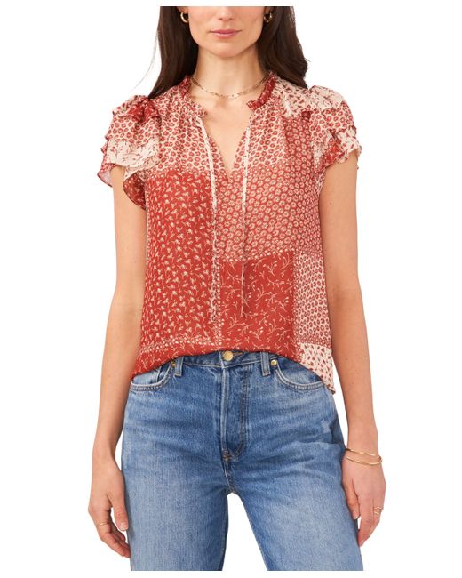 1.State Printed Tie-Neck Flutter-Sleeve Top