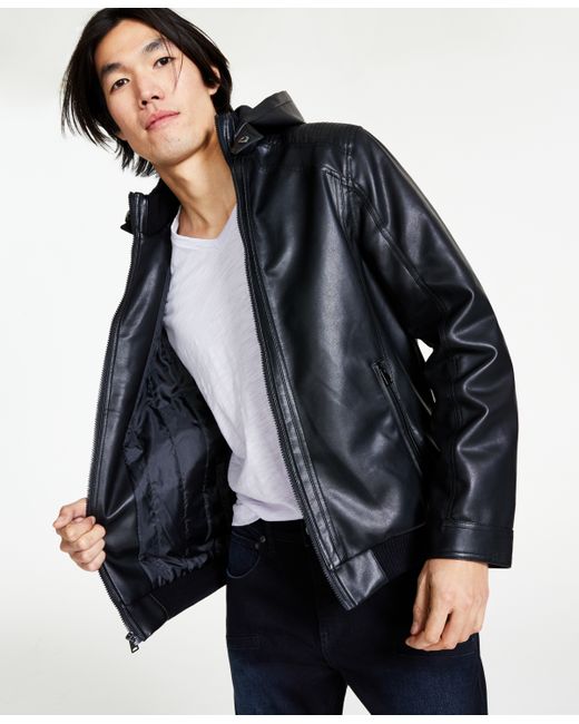 I.N.C. International Concepts Regular-Fit Faux-Leather Bomber Jacket with Removable Hood Created for