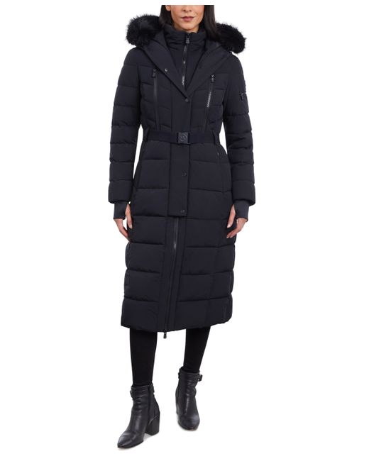 Michael Kors Michael Belted Faux-Fur-Trim Hooded Maxi Puffer Coat