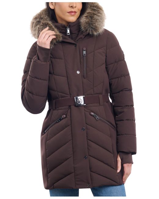 Michael Kors Michael Belted Faux-Fur-Trim Hooded Puffer Coat