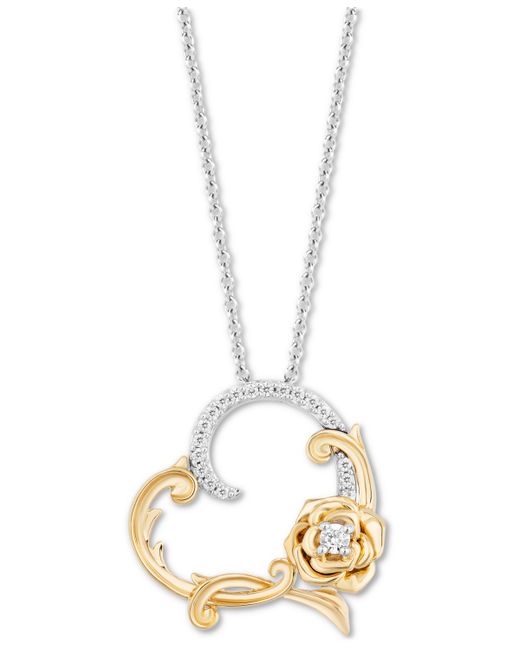 Enchanted Disney Fine Jewelry Diamond Rose Heart Belle Pendant Necklace 1/10 ct. t.w. in Sterling 14k Gold 16 2 extender