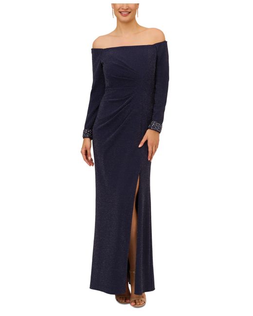 Adrianna Papell Off-The-Shoulder Beaded-Cuff Metallic Gown
