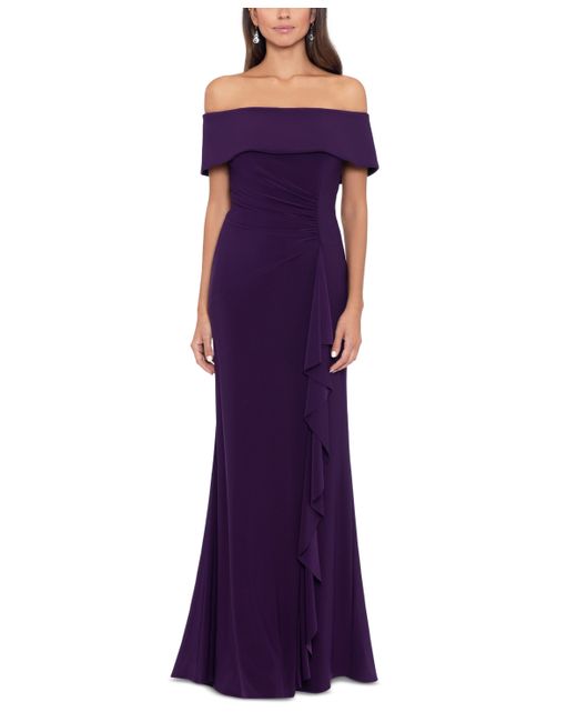 Xscape Off-The-Shoulder Side-Ruched Ruffled Gown