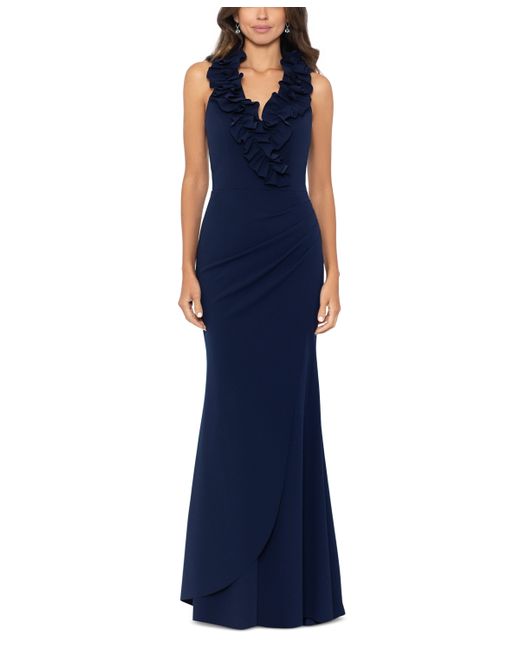 Xscape Ruffled-v-Neck Sleeveless Ruched Gown