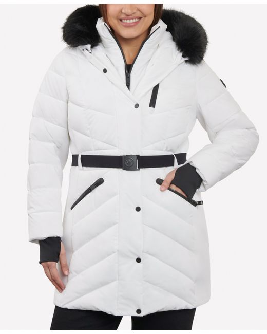 Michael Kors Michael Plus Belted Faux-Fur-Trim Hooded Puffer Coat Created for