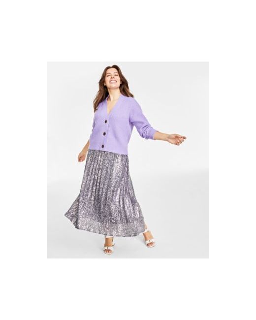 On 34th Three Button Classic Cardigan Sequin Pleated Midi Skirt Created For