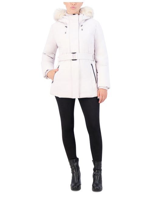 Cole Haan Belted Faux-Fur-Trim Hooded Puffer Coat
