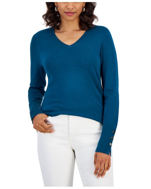 Jm Collection Button-Cuff V-Neck Sweater Created for