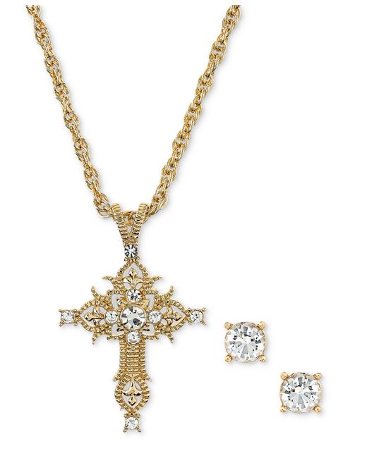 Holiday Lane Tone Crystal Cross Pendant Necklace Stud Earrings Set Created for