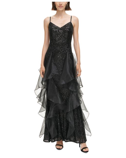 Eliza J V-Neck Cascading-Ruffle Sequined Gown