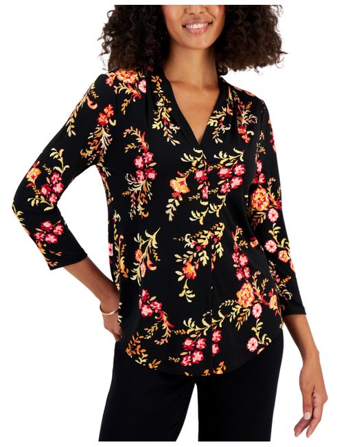 Jm Collection Floral Print V-Neck Pleated Top Created for