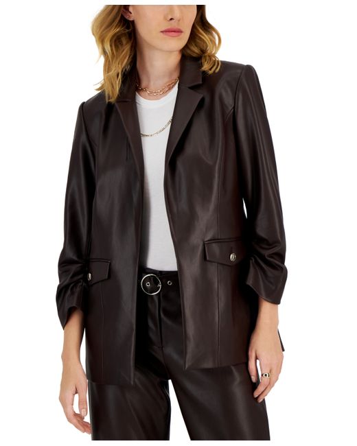 T Tahari Faux Leather Ruched Sleeve Blazer