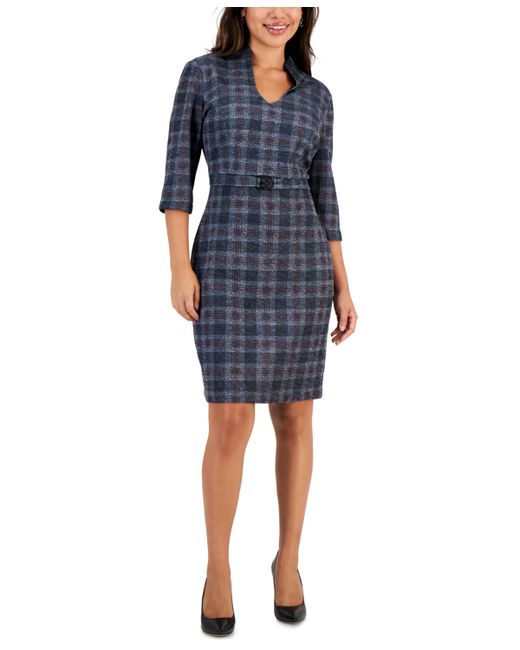 Connected Petite Belted Plaid Knit Sheath Dress