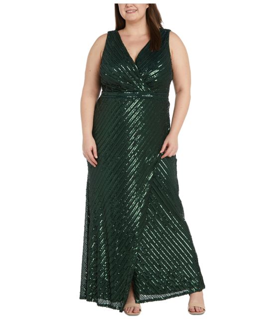 Nightway Plus Striped Sequined V-Neck Sleeveless Gown